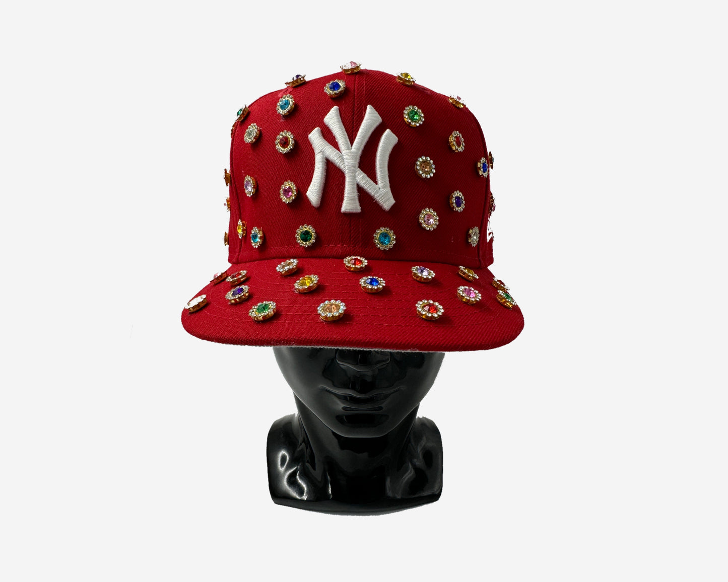 Red New York Yankees Wool 59FIFTY Fitted customized with Gold backed gems