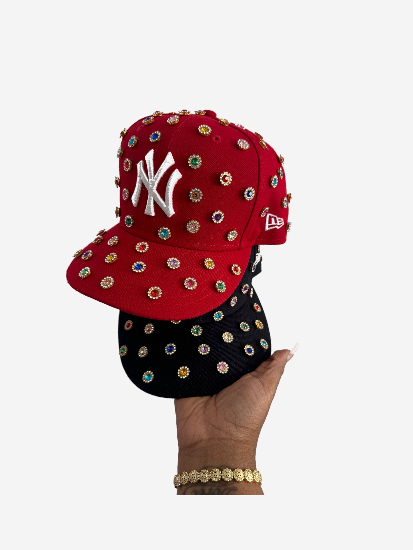 Red New York Yankees Wool 59FIFTY Fitted customized with Gold backed gems