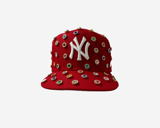 Red New York Yankees Wool 59FIFTY Fitted customized with Gold backed gems